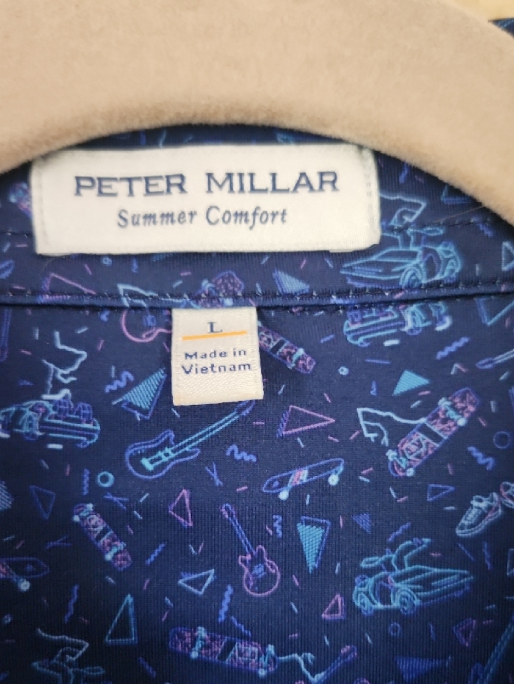 SALE!- Men's Peter Millar Navy Blue Printed Short-Sleeve Polo with Seahorse Logo - Picture 2 of 6